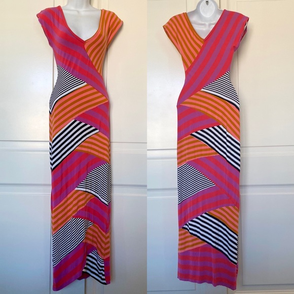 Y2K Nicole Miller ‘Daryn’ Bodycon Orange Stripe Stretch Maxi Long Slip Dress - Picture 1 of 8